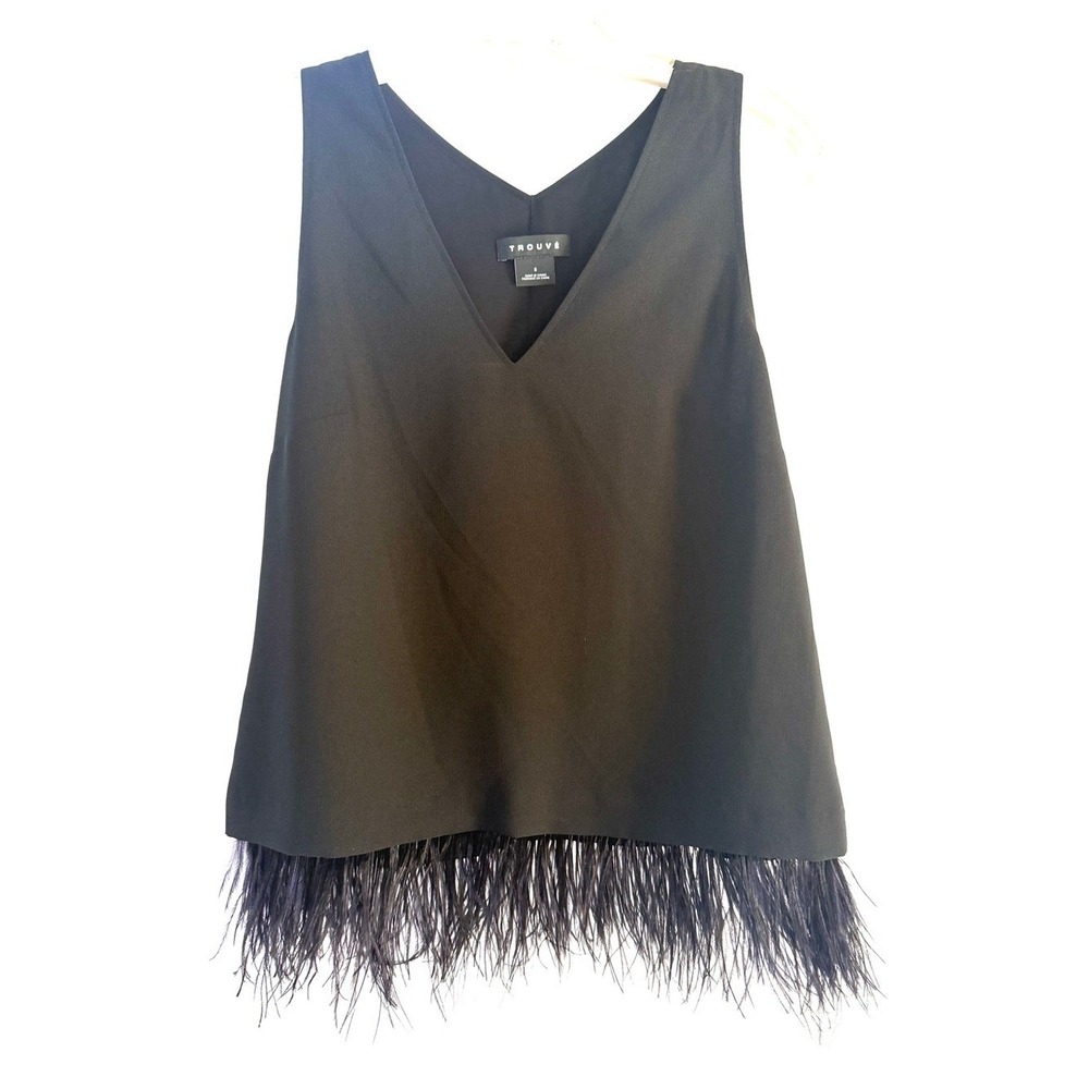 Trouvé Black Ostrich Feather Hem Tank, V-Neck, Size S